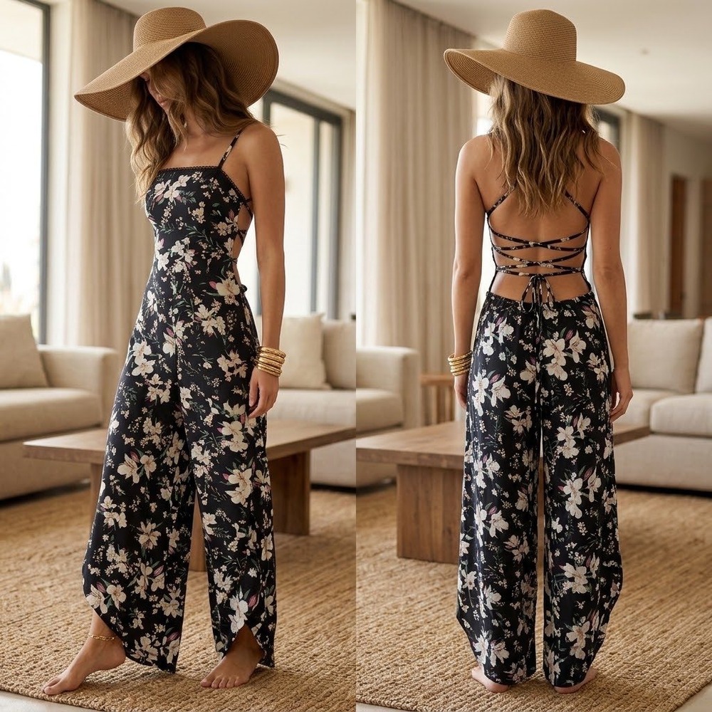 Agua Bendita Margaret Night Floral Jumpsuit Black Wide Leg Open Back Size M